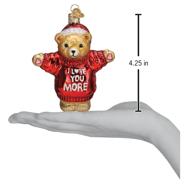 Old World Christmas I Love You More Bear red sweater glass ornament