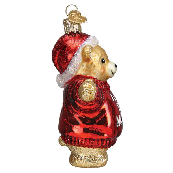 Old World Christmas I Love You More Bear red sweater glass ornament