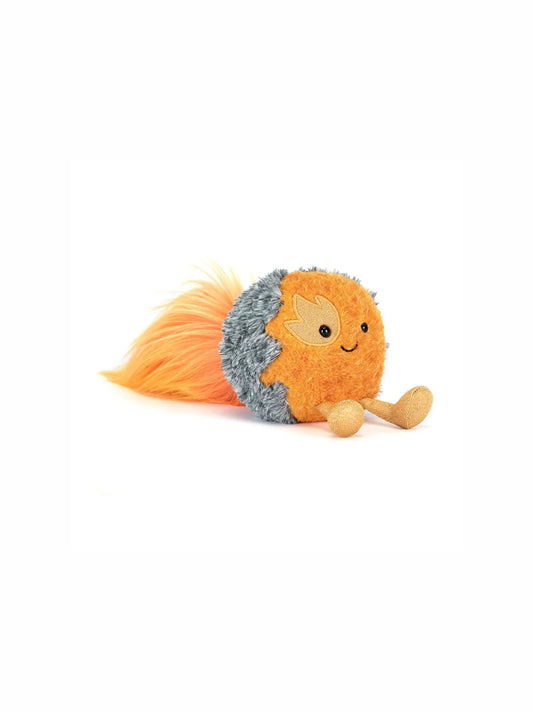 Plush toy resembling a hedgehog with orange body, gray spines, and yellow face on a white background