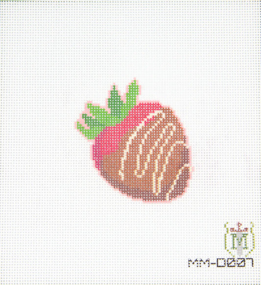 Cross-stitched strawberry design on a white background with a brand logo in the corner.