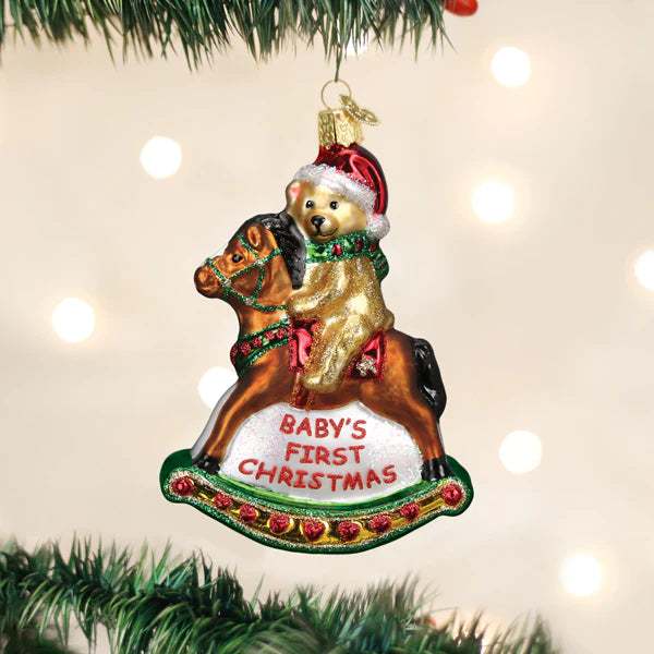 Old World Christmas Rocking Horse Teddy Baby's First Christmas glass ornament