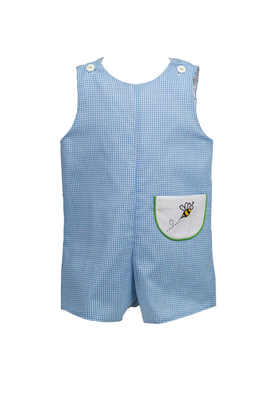Blue checkered romper with a pocket featuring a bee design on a white background