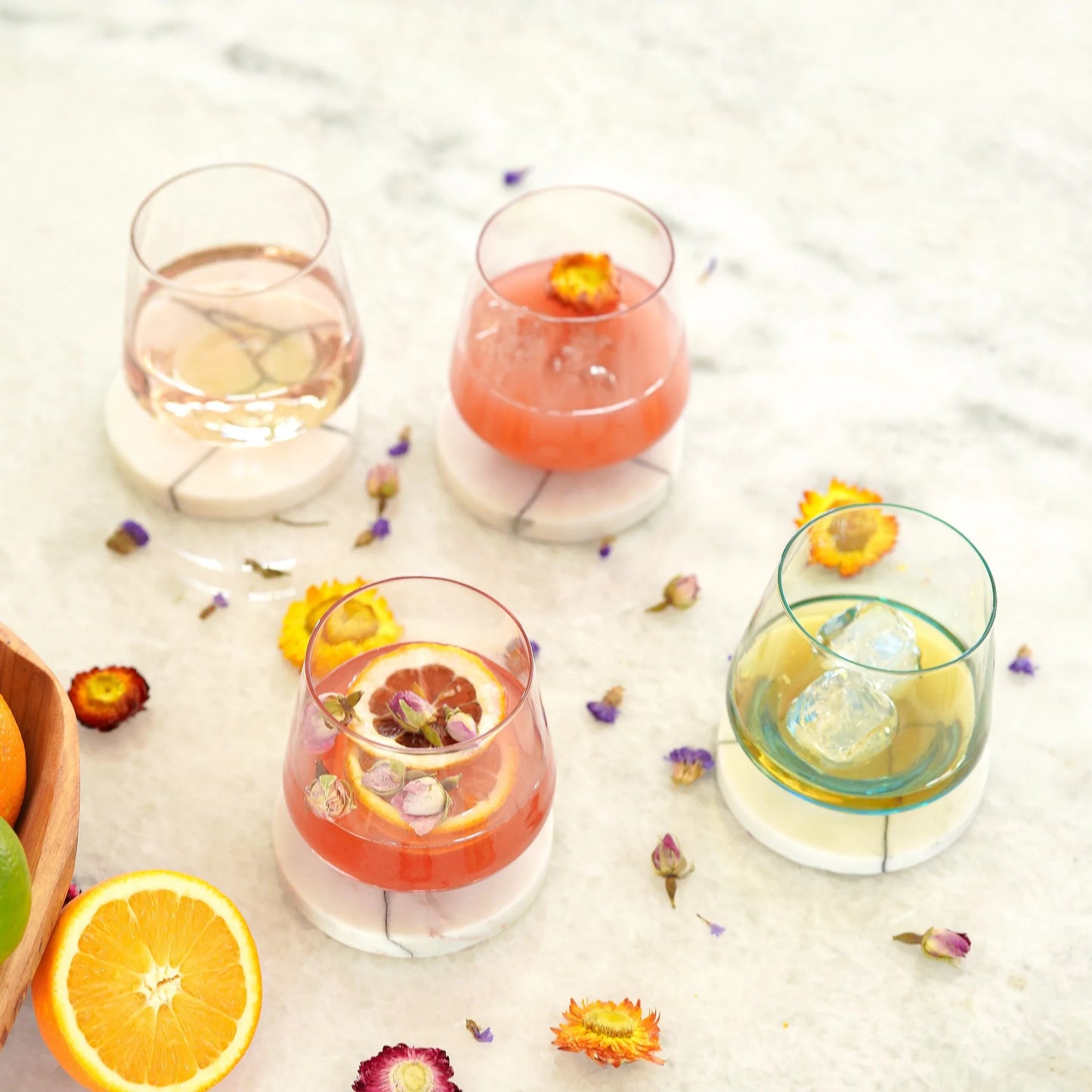 assorted glass drink drinkware drunk drank clear colored pastel blown dainty handblown alcohol bridal wedding shower gift champagne set stemless wine