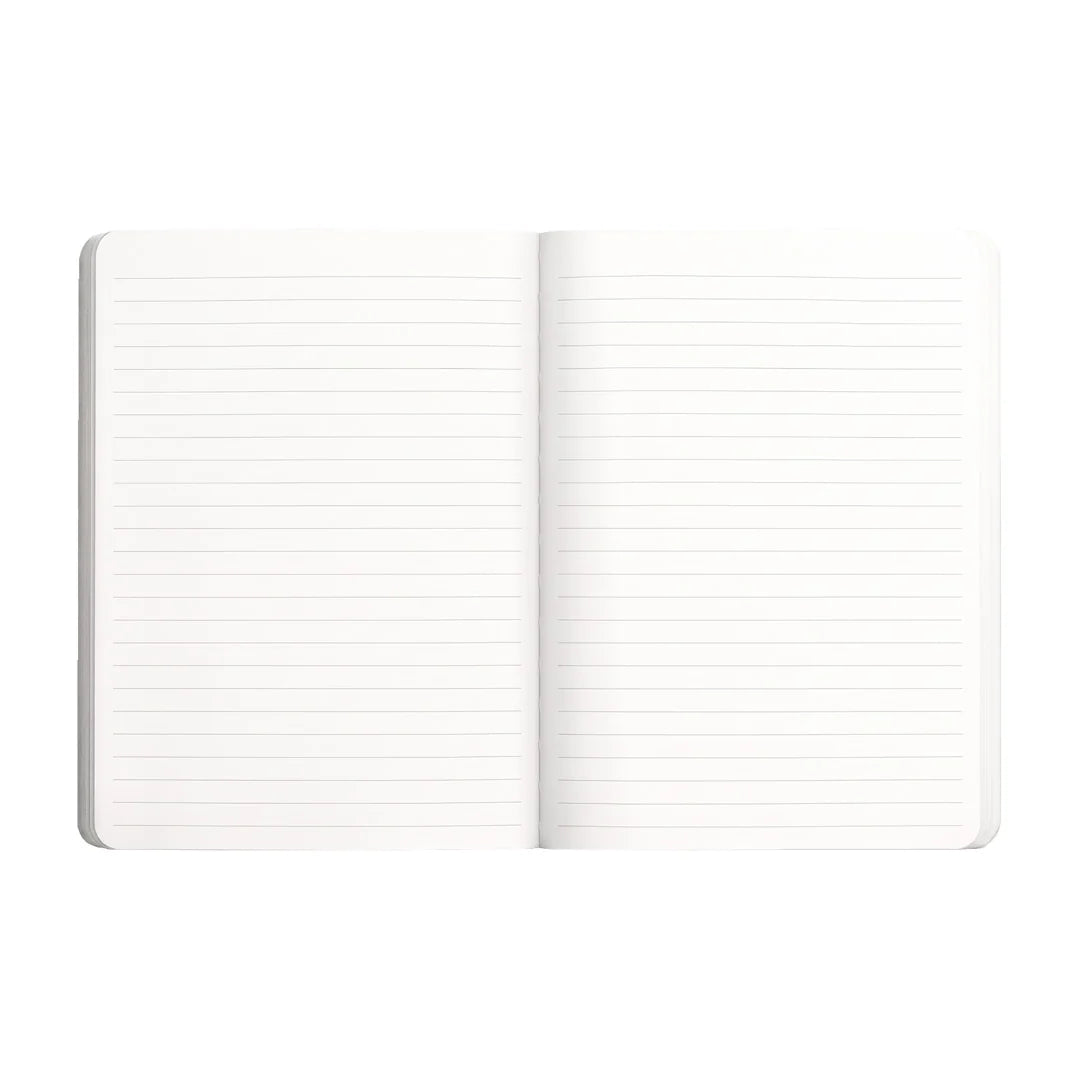 An open lined notebook with blank white pages, centered on a solid white background.