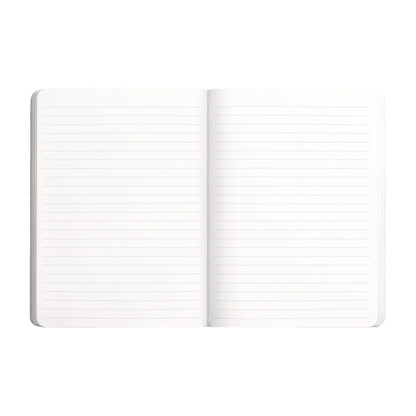 An open lined notebook with blank white pages, centered on a solid white background.