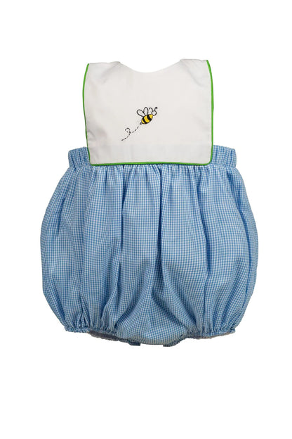 Baby romper with blue checkered bottom and white top with bee design on a white background