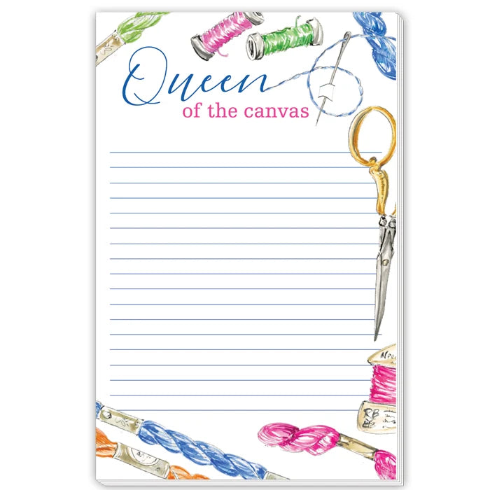 A lined notepad with the words 'Queen of the canvas' at the top, surrounded by watercolor illustrations of embroidery floss, paintbrushes, scissors, and thread spools.