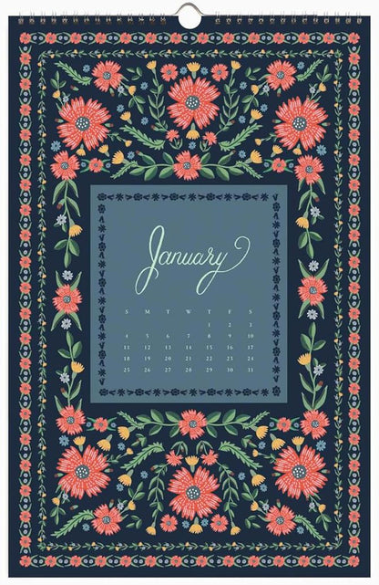 Floral-patterned calendar with 'January' on a dark blue background