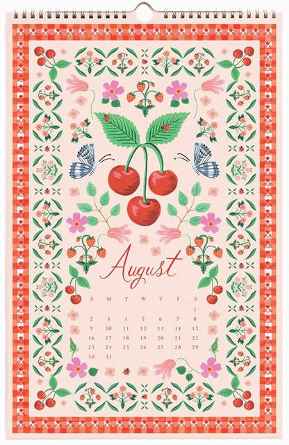 August calendar with floral and cherry design on a pink background