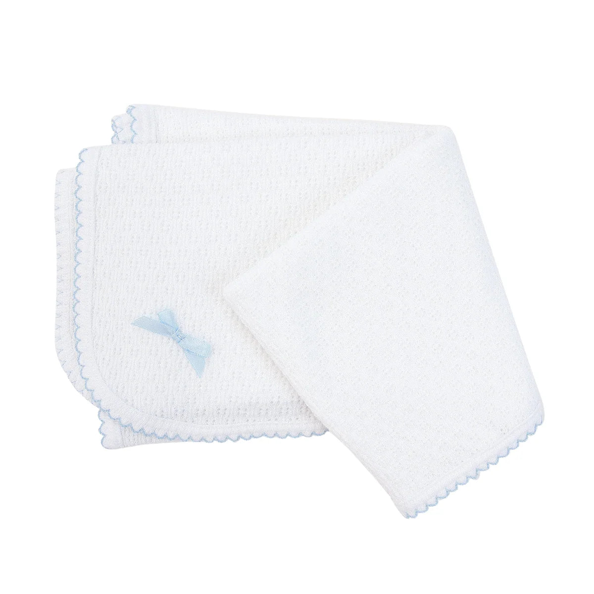 white baby blanket with light blue trim and small bow
