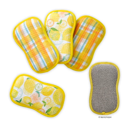 Set of four cleaning pads with lemon pattern and one gray pad on a white background