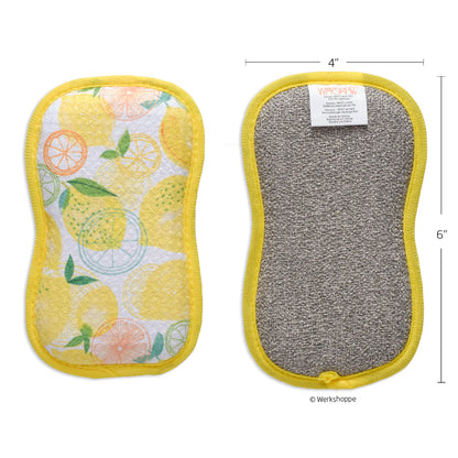 Two cleaning pads, one with a lemon pattern and the other with a textured surface, on a white background.