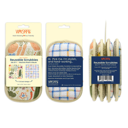 Reusable scrubbies with packaging on a white background