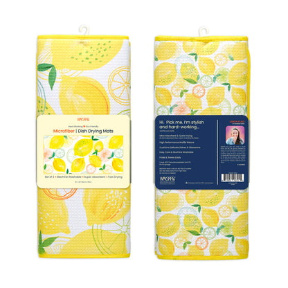 Two microfiber dish drying mats with lemon pattern packaging on a white background