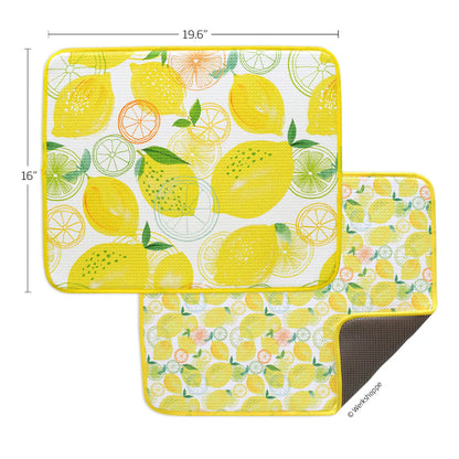 Two lemon-patterned mats with dimensions on a white background