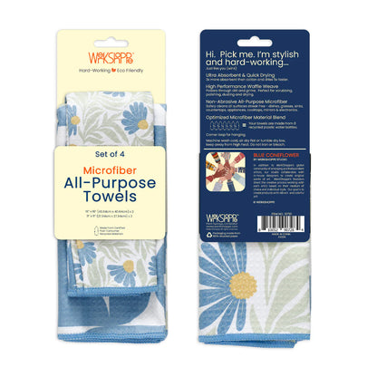 Set of 4 microfiber all-purpose towels with packaging on a white background