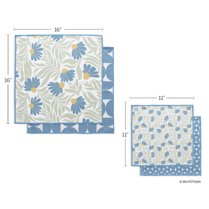 Two floral-patterned napkins with measurements on a white background