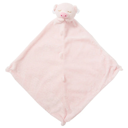 Pink plush comfort blanket with a piggy face on a white background