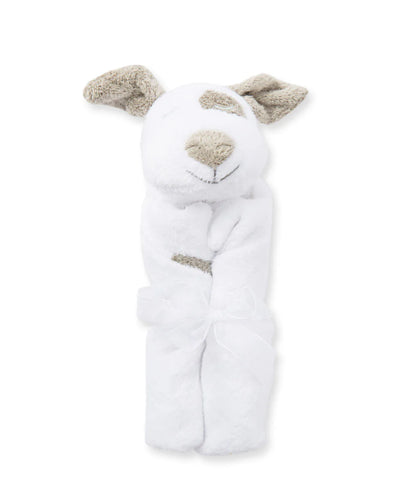 White plush toy shaped like a dog on a white background