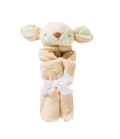 Plush toy with a blanket wrapped around it on a white background