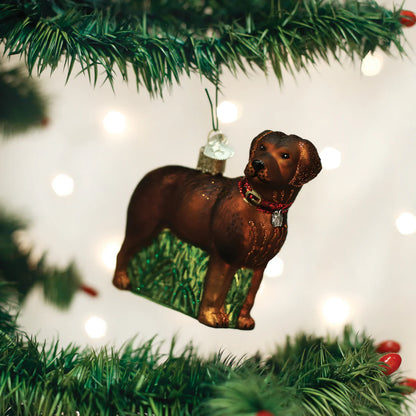 Brown dog-shaped Christmas ornament on a decorated tree with lights and greenery.
