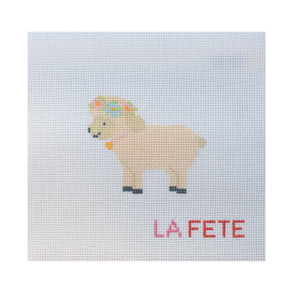 needlepoint  sheep design with 'LA FETE' text on a light blue background
