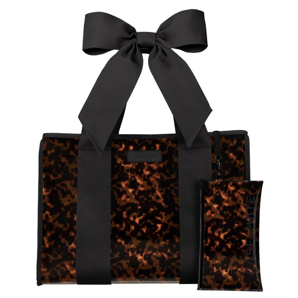 Leopard print tote bag with black ribbon and matching pouch on a white background