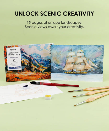Watercolor coloring book with scenic illustrations on a green background, accompanied by brushes and paper.