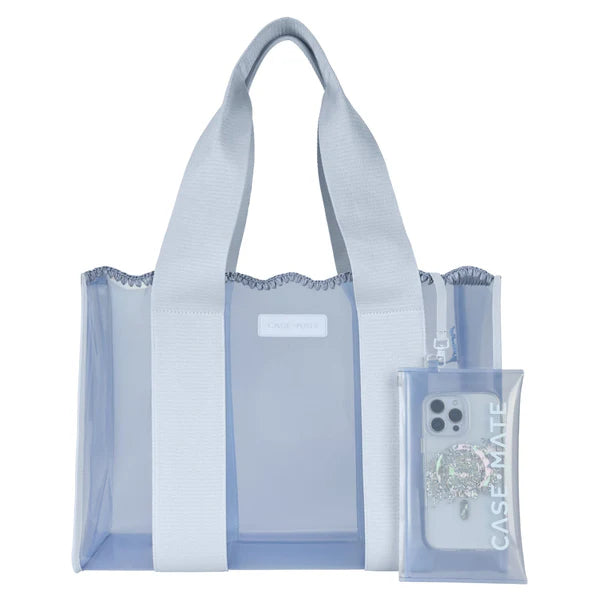 Light blue tote bag with a smaller phone case on a white background