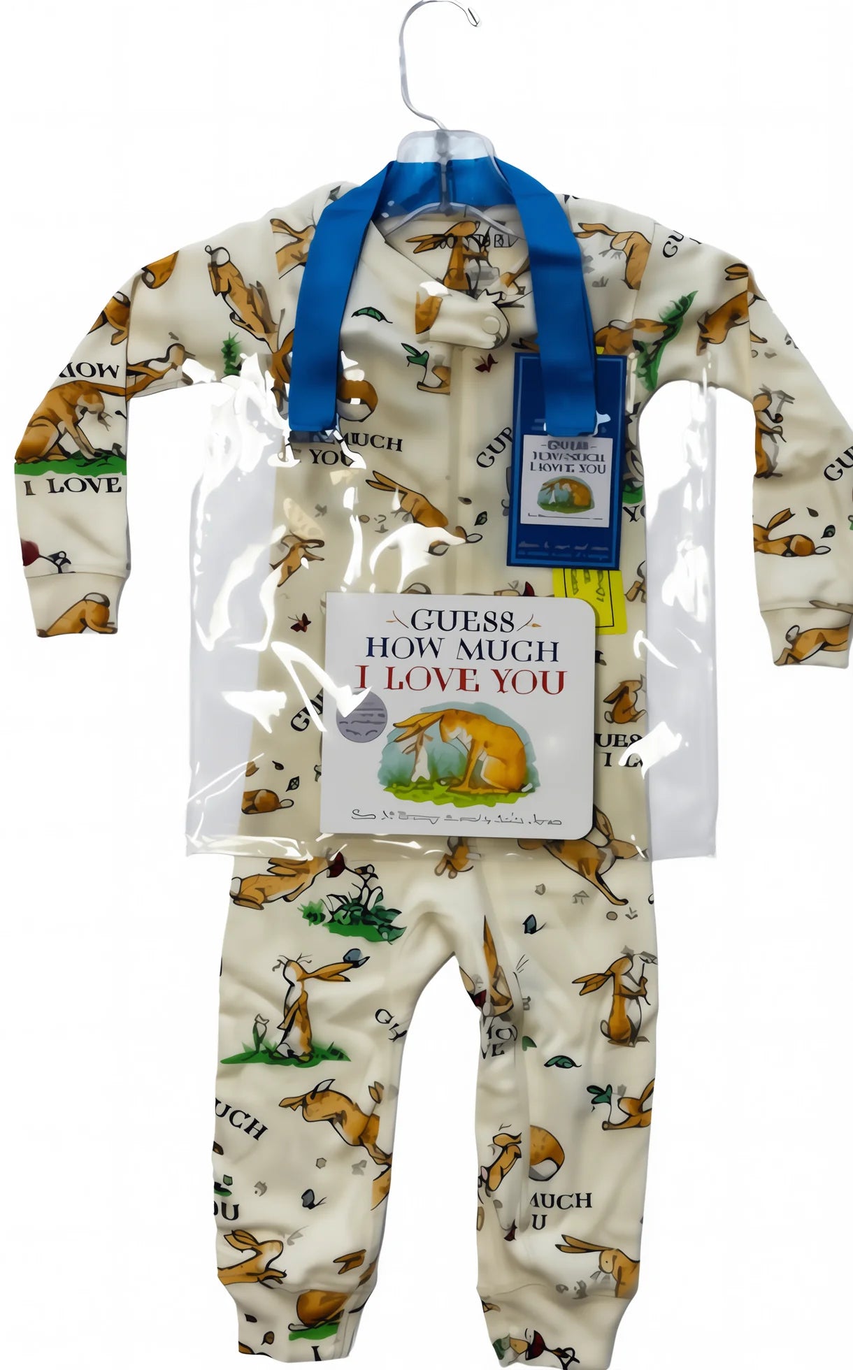 Baby onesie with fox pattern and Guess How Much I Love You book on a white background