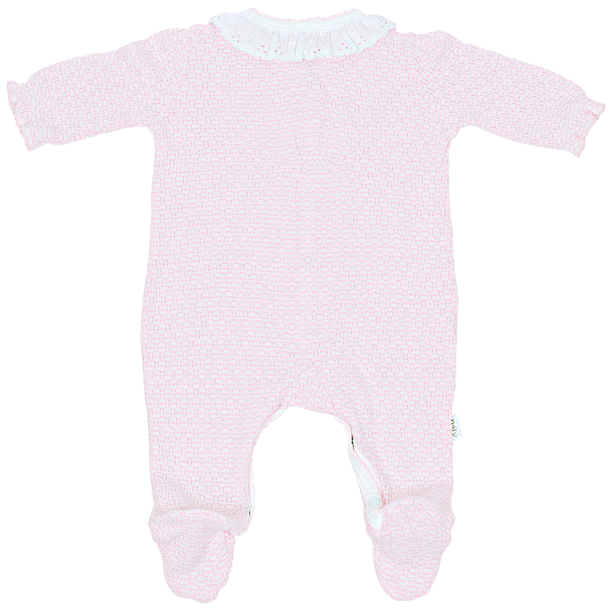 Pink baby onesie with white trim on a transparent background