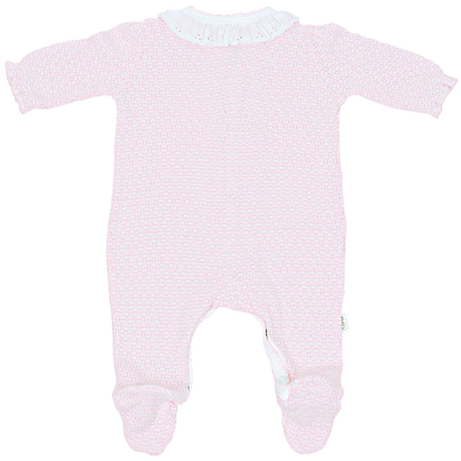 Pink baby onesie with white trim on a transparent background
