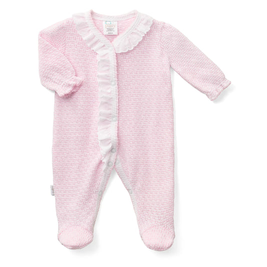 A light pink textured knit baby footed sleeper with long sleeves, a ruffled collar, and a ruffled front placket, shown on a plain white background.