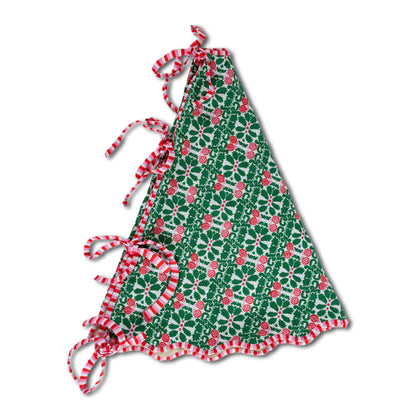 Green and red patterned halter top with tie straps on a white background