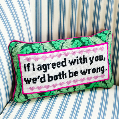 Decorative pillow with text on a striped background