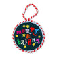 Round embroidered ornament with 'Merry & Bright' text on a white background