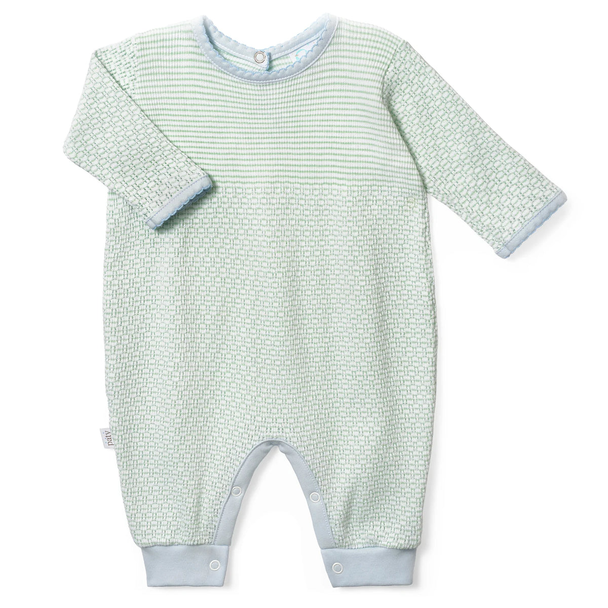 green long sleeve baby romper with blue trim 