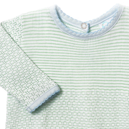 green long sleeve baby romper with blue trim 