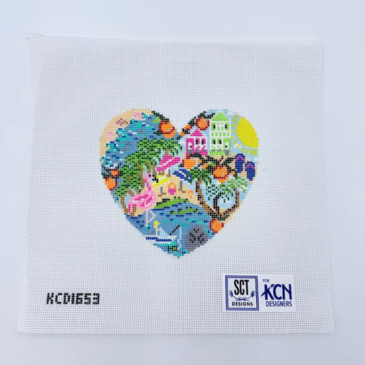 Needlepoint heart canvas with Florida inspired designs including the beach, sun, palm trees, and a boat.