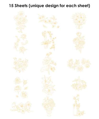 Pattern of small floral designs on a white background with text indicating unique designs for each sheet.