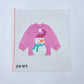Cross-stitched design of a pink sweater-wearing snowman on fabric with 'simin' branding.