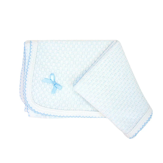 Pinstripe Swaddle Blanket - Blue Trim with Bow