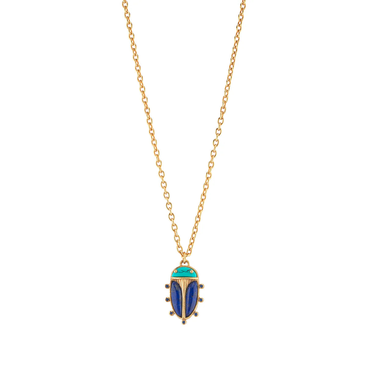 Gold necklace with a beetle-shaped pendant on a white background