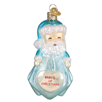 Decorative ornament of a baby Santa Claus with 'Baby's 1st Christmas' text on a white background
