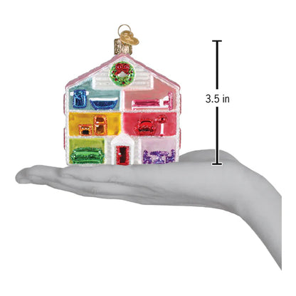 Colorful glass house ornament held in a hand with a measurement label indicating 3.5 inches.