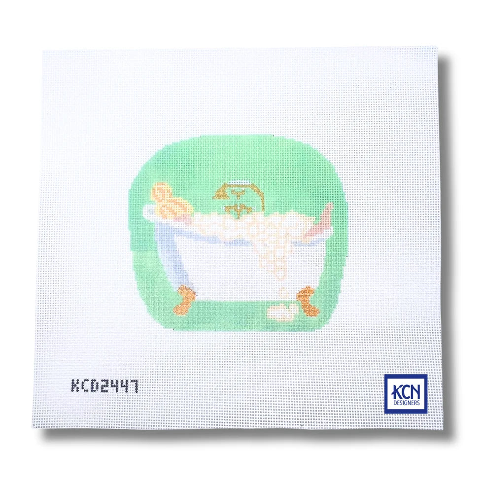 Needlepoint Canvas with painting of blonde haired girl in the bath tub with bubbles
