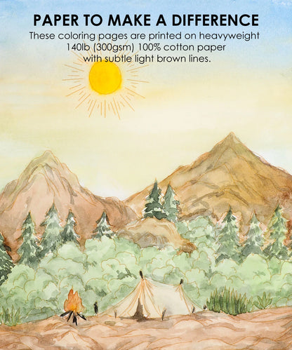 Illustration of a camping scene with mountains and a tent, featuring text about paper quality.