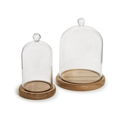 Two glass cloches with ball handles and wooden bases, one larger and one smaller.