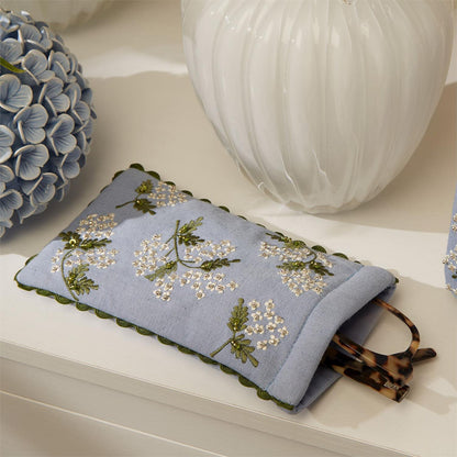 Blue embroidered pouch with floral design on a white surface