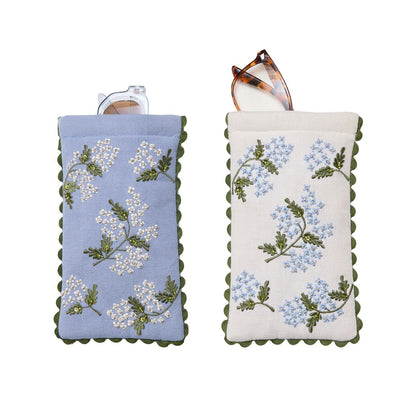 Two embroidered pouches with floral patterns on a white background
